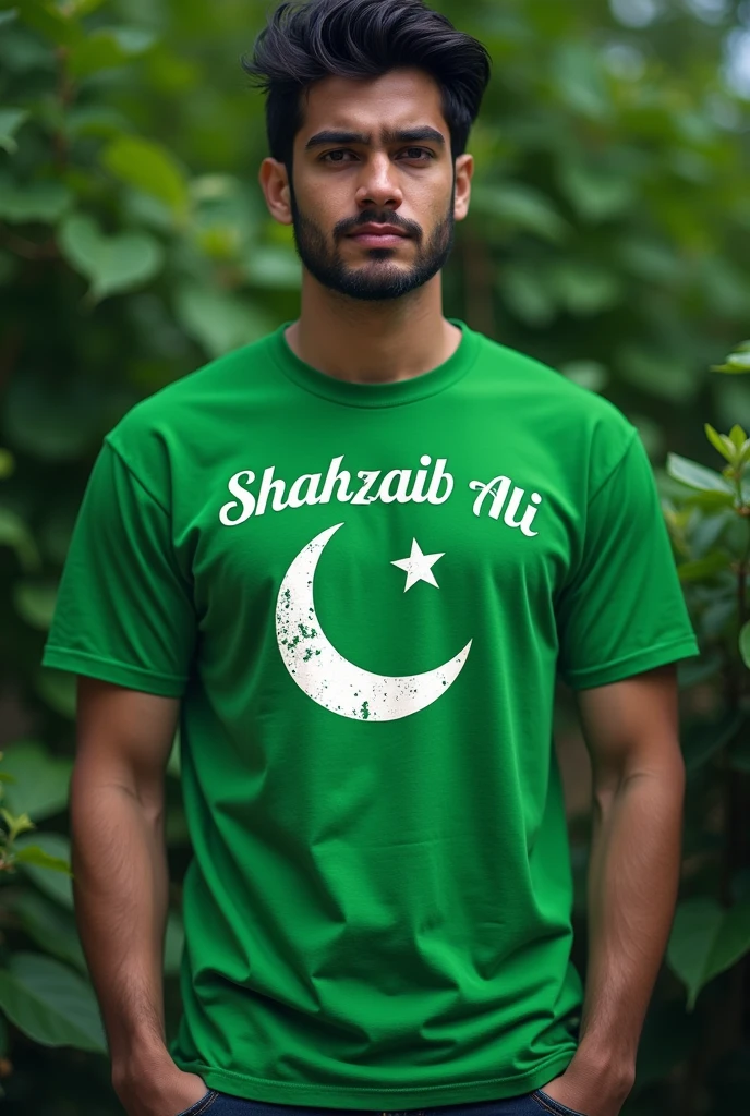 I want to create a Shahzaib Ali name on Green shirt to wear and mask with Pakistan flag