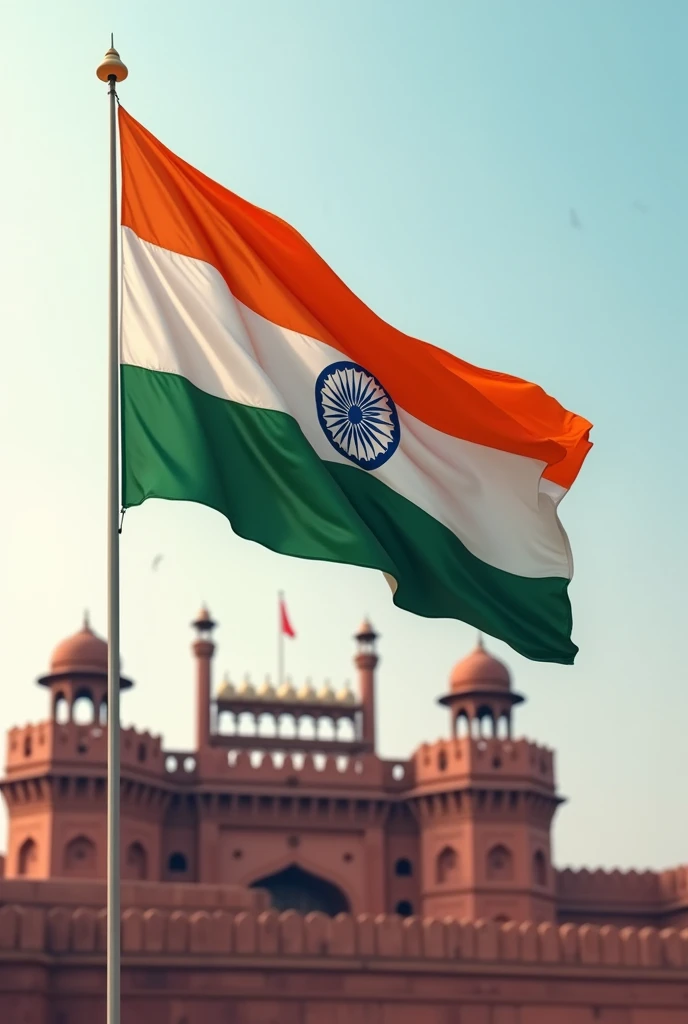 Generate an image of the Indian flag waving in the wind, with a subtle background of the Red Fort."

