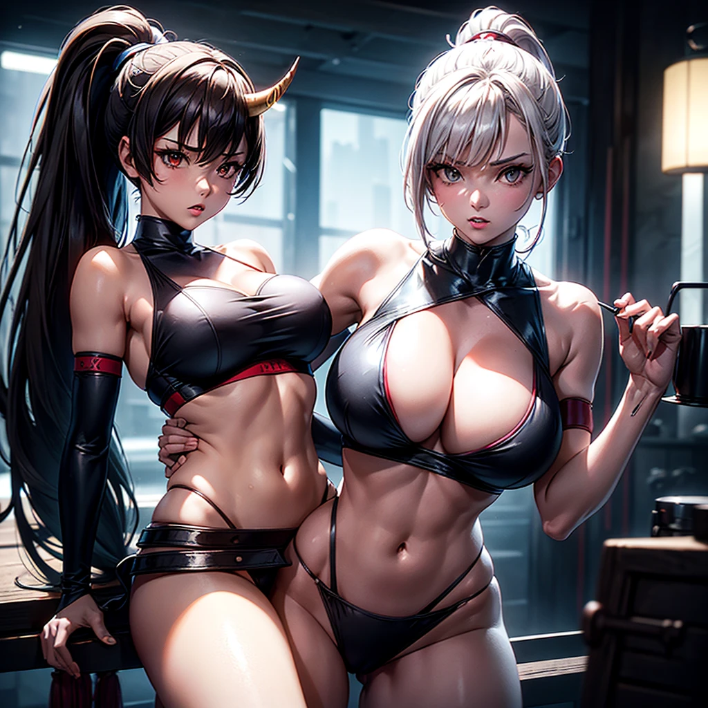 (sketch), (mysterious mood), Score_9, score_8_up, score_7_up, 2girl, 2 beautiful young women with long hair, breasts, looking at the viewer, large breasts, brown hair, cleavage, bare shoulders, cleavage, brown eyes, Shut up, upper body, ponytail, red Japanese clothes, sleeveless, high-cross legs, hips, collar, blur, arms, lips, bangs, belt, high ponytail, rope, armband, fighting pose, ninja, Mai Shiranui, Cleavage, large breasts, exposed bikini breast details, clothing may unintentionally fall apart (fall apart), become embedded (causing clothing to pull on the crotch), crop tops may rip and tops may slip off (causing exposure). Side soft light, highly detailed, masterpiece, delicate skin, Hong Kong style woman, rotten horn ghost mask and retro detailed old turtleneck cyberpunk samurai bikini, translucent amber horns, glowing silver hair, big breasts, cleavage, navel, Surrounded by cyberpunk Japanese street, dark, (surrealism, large depth of field, color, 3D octane rendering, 4k trend, concept art, B0ld01lp41nt, dark theme, charcoal\(center\), photo_b00ster