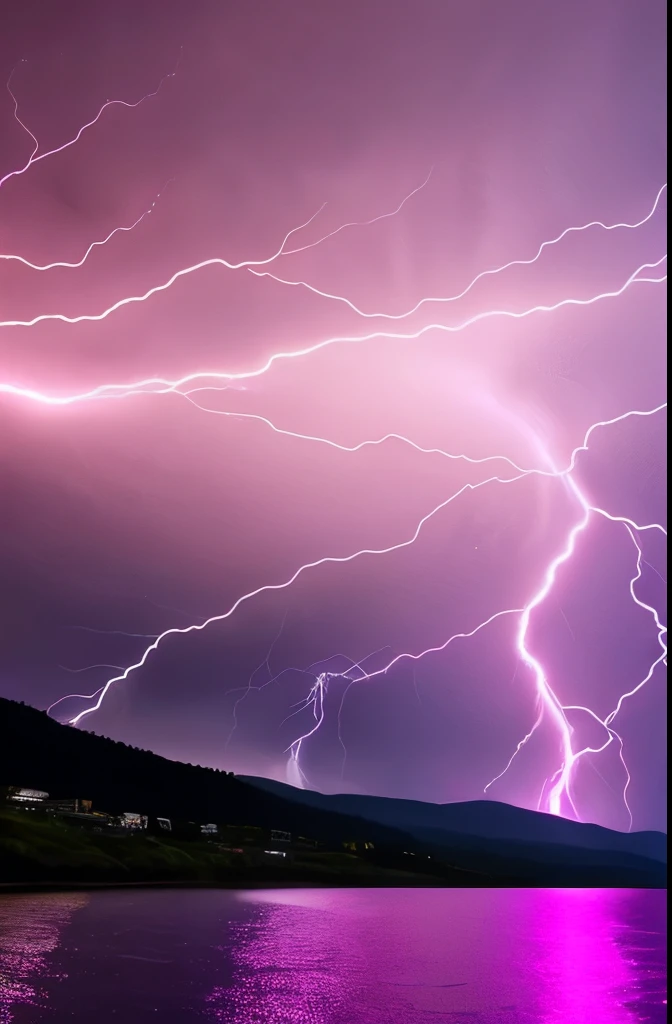 purple lightning streaks over a body of water under a cloudy sky, dramatic purple thunders, pink lightning, pink storm clouds, magenta lighting. fantasy, purple lightning, beautiful lightning, dramatic pink light, purple. ambient lightning, lightning clouds, beatifull lightning, amazing lightning, exquisite lightning, epic clouds and lighting, lightning storms, pink lighting, dramatic lightening