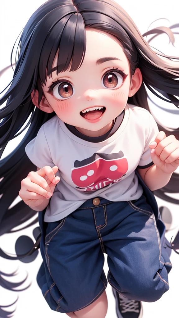 actionhappy and jumping full-bodyBig Head Caricature/Super Hyper Image of a Beautiful Thai Girl with a Charming Face/Braces/Beautiful Long Hair/Red Mouth, Wide Laughter, Thick Mouth, Not Looking at the Camera, Wearing a Size L T-Shirt,, white Background, Very Real Image, Head to Toe Image. action jump
1 เด็กผู้หญิง,