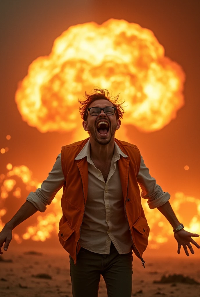 Thin and wearing glasses20A man about the age、Laughing in madness、wearing an orange vest、Both hands ready to throw a nuclear bomb、The sea of fire all around