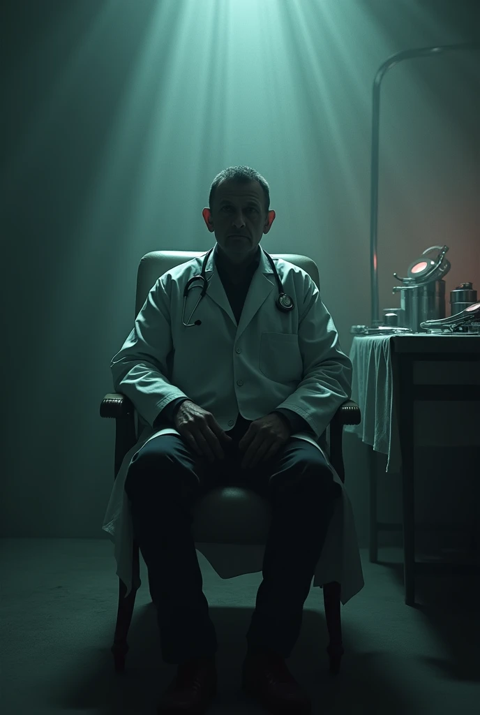 A doctor sitting in a chair with a stethoscope ominously draped around their neck. The background is dimly lit, revealing shadowy, unsettling surgical equipment on a table. The overall atmosphere is eerie, with a slight blur and dark, creepy tones, adding to the sense of dread and horror.