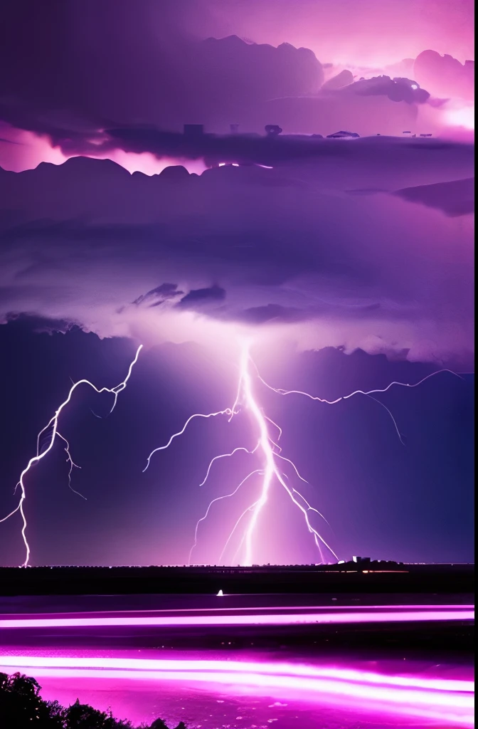 purple lightning streaks over a body of water under a cloudy sky, dramatic purple thunders, pink lightning, pink storm clouds, magenta lighting. fantasy, purple lightning, beautiful lightning, dramatic pink light, purple. ambient lightning, lightning clouds, beatifull lightning, amazing lightning, exquisite lightning, epic clouds and lighting, lightning storms, pink lighting, dramatic lightening