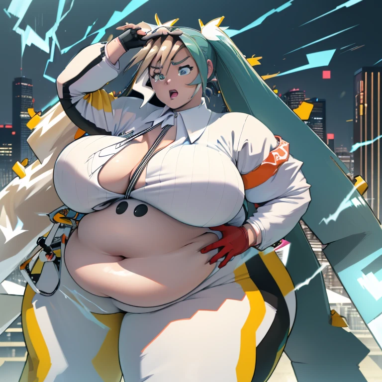 (best quality, anime,), ((ssbbw)), ((bbw)), ((very huge breasts)), (hatsune miku), (solo), tight bodysuit, electricity aura, (long twin tale), (extremely fat legs, very wide hips,), (overhanging belly fat), cyberpunk background, buildings in the background, intense storm, brave expression,