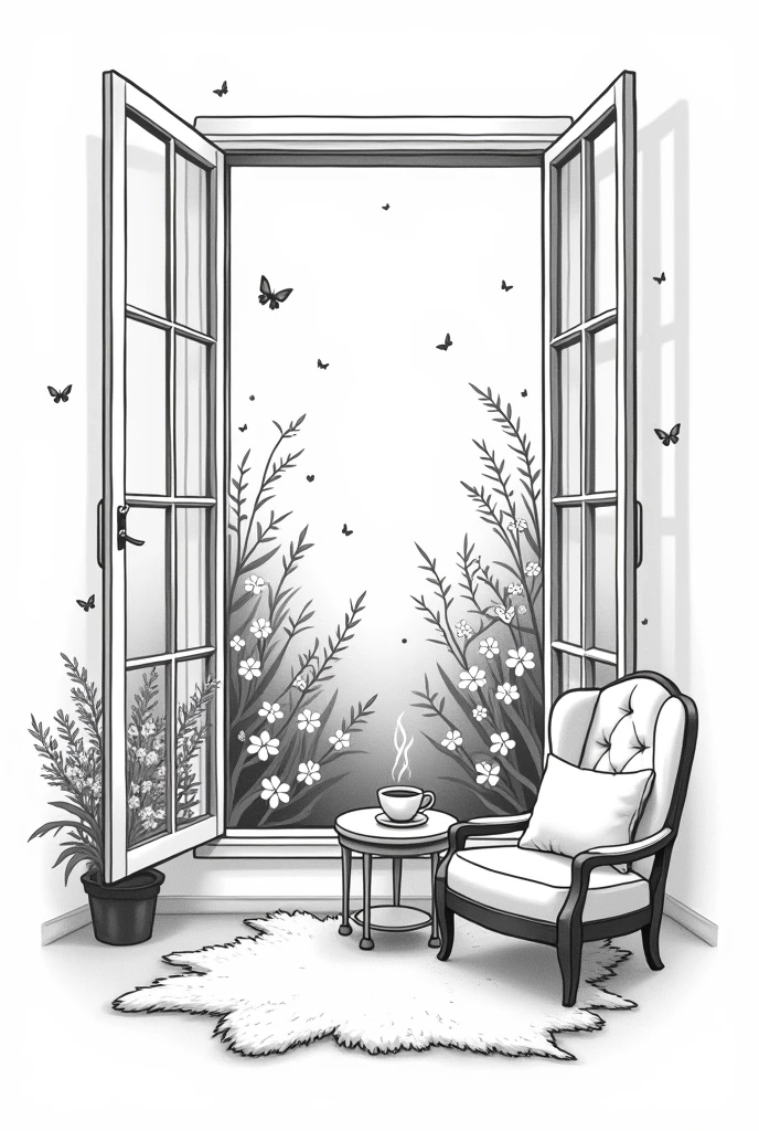 Create a minimalist black and white tattoo illustration of an open vintage window with a flower garden with butterflies outside and an armchair with a rug and a side table holding a cup of hot coffee inside. Simplify as much as possible and avoid shadowing