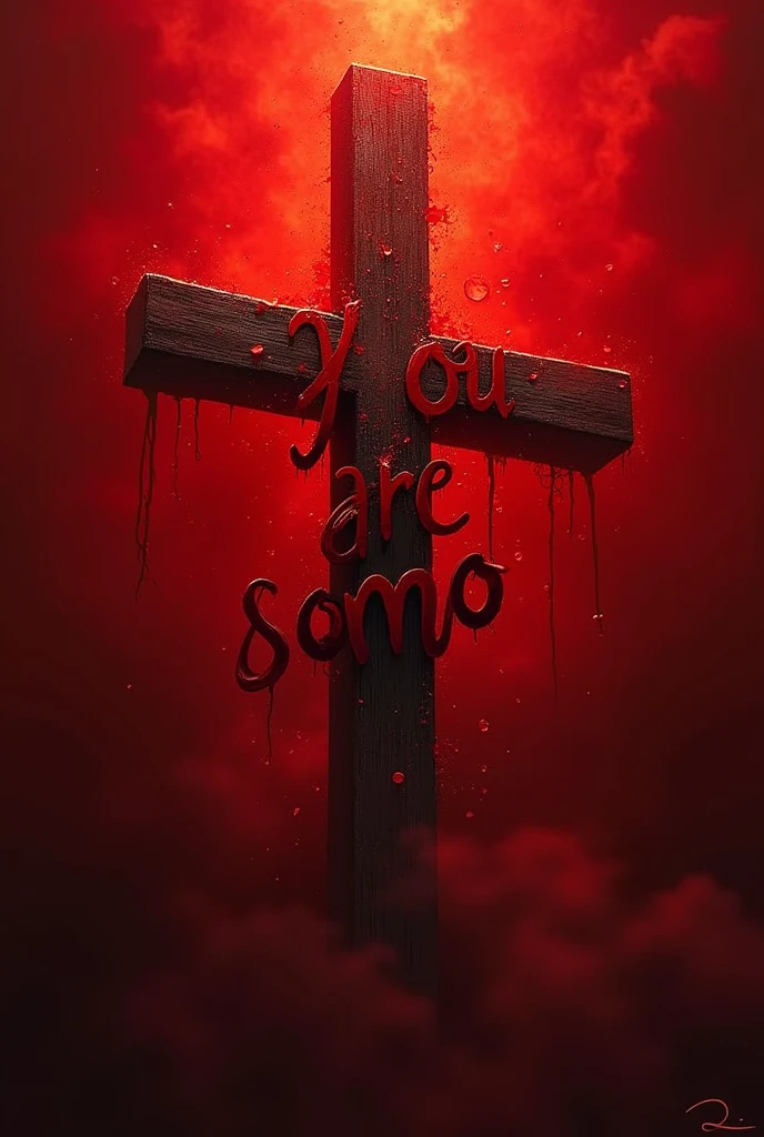 an art written “You are” in Portuguese with a red background drawn behind and a cross