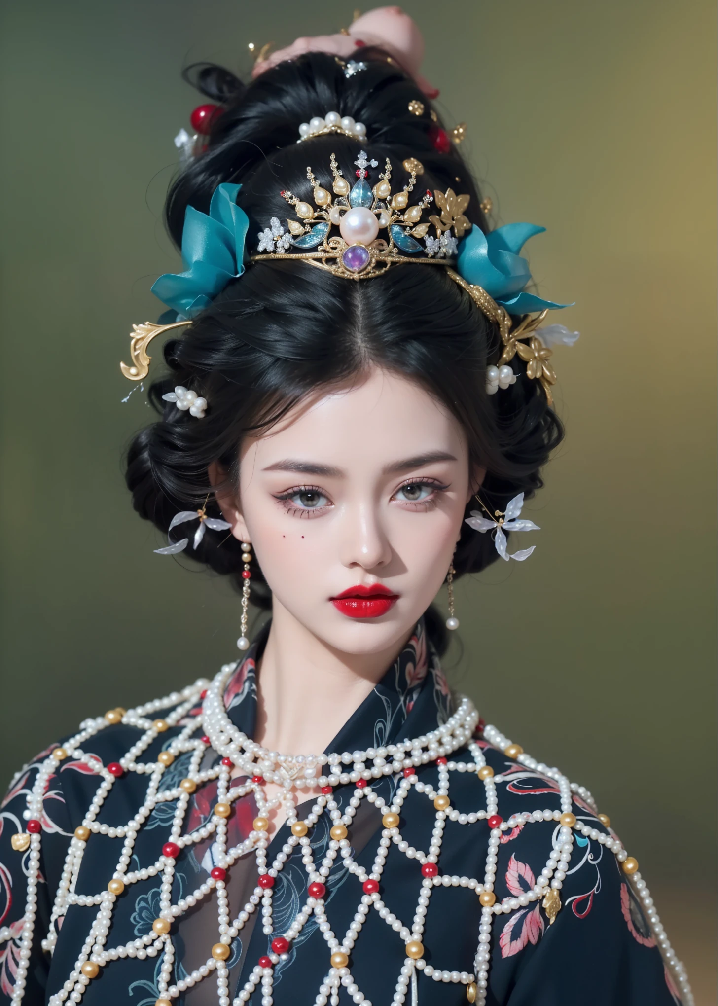 Royal princess,Extremely detailed, Delicate face, Stock Photography , Portrait 400, F1 Camera Lens.6, rich and colorful, Surrealism, Realistic textures, Dramatic Lighting, Thin Film Distiller 800 (8K, original photo, Better quality, masterpiece: 1.2), Extremely detailed, (Extremely delicate skin: 1.2), 8K ultra high definition, SLR camera, Soft Light, high quality.Fire Queen,Blue pupils,Wear red lipstick,Have a tattoo,The tattoo is very three-dimensional,Gorgeous and intricate tattoo designs,Dark eyeshadow,Sexy thick lips(Red lipstick),Gorgeous pearl and gemstone decoration,
