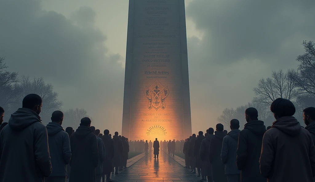 **Memorial and Reflection**: A solemn image of a monument or memorial dedicated to the freedom fighters, with individuals paying their respects and reflecting on the importance of continuing their fight for justice and equality.
.in Dall e-3 style
