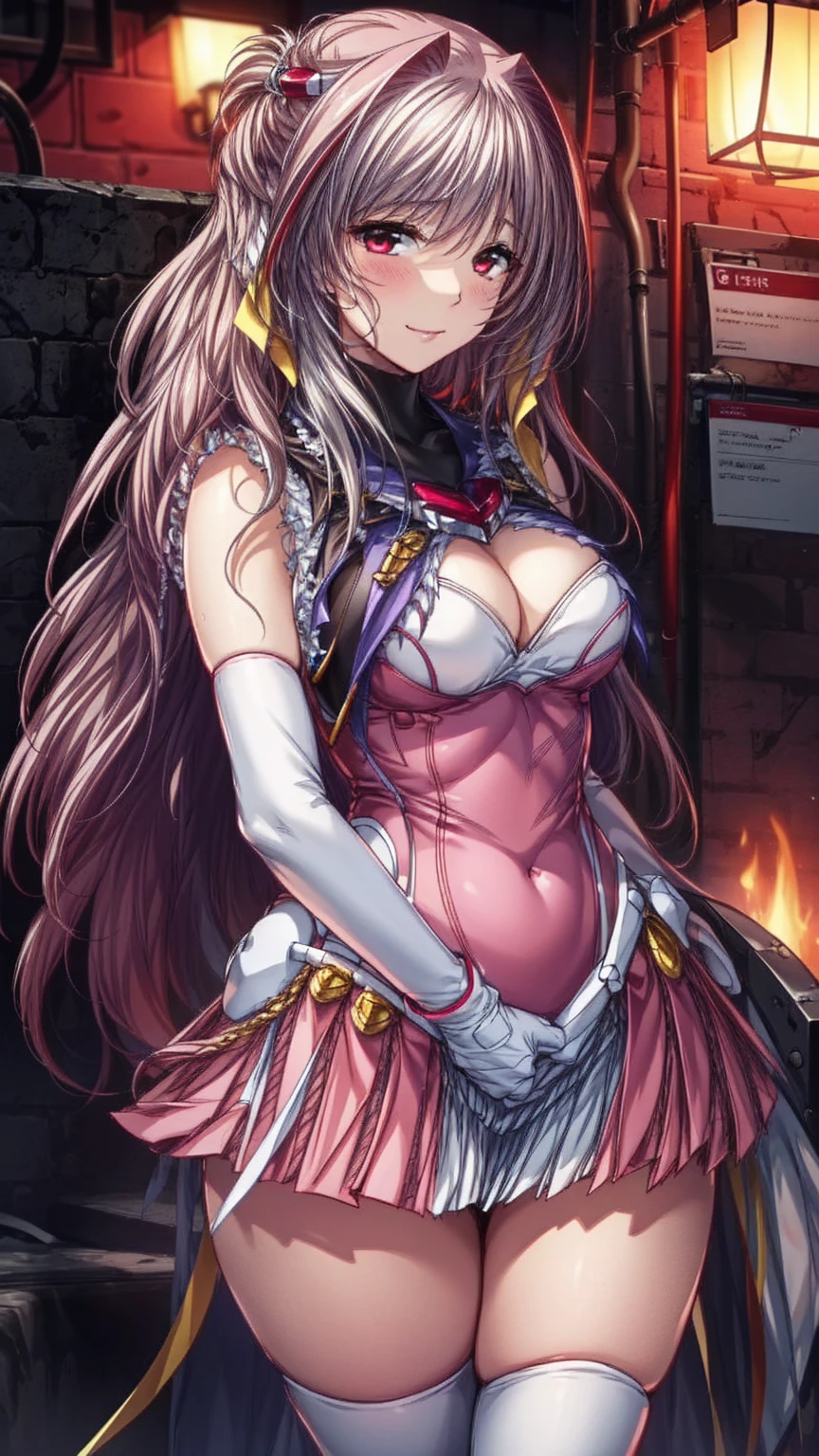 12k,Escalayer,long hair,hair_ornament,Red eyes,Pink Dress,White long gloves,thigh_boots, Embarrassing ,blush,,,White panties,,masterpiece,Noise Reduction,Perfect Anatomy,High resolution, Very detailed,Game CG,Dutch Angle ,Beautiful attention to detail,Visual Arts,Five Fingers, Perfect hands, Perfect lighting,,Red eyes,(Silver hair:1.4),evil Smile,(Inside a futuristic base:1.1)