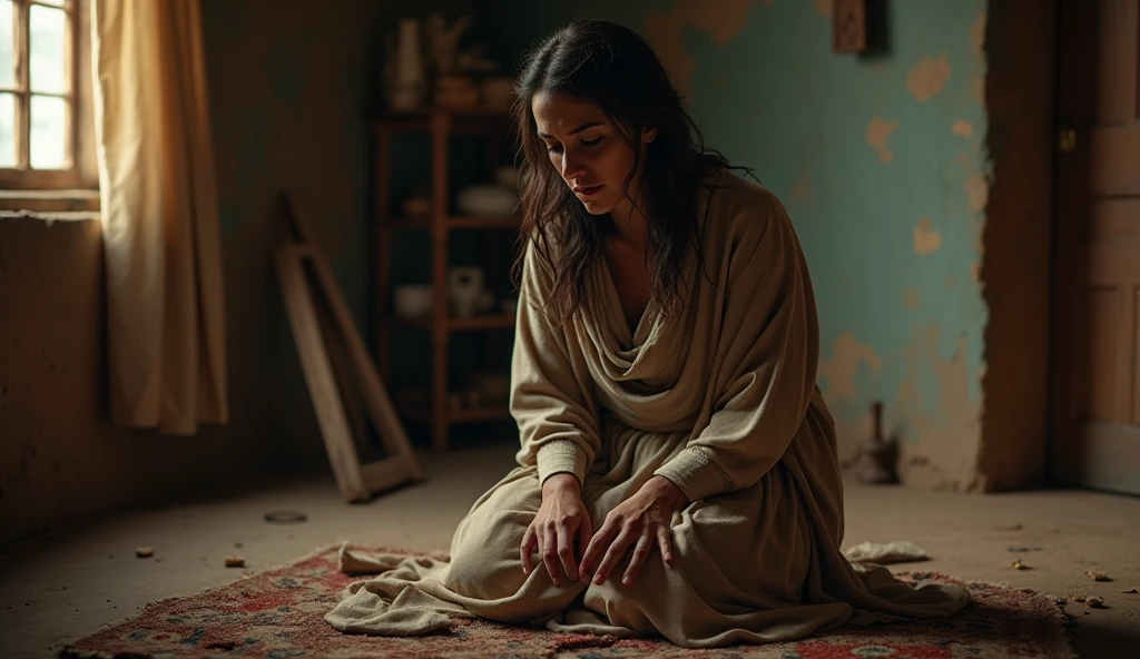 (best quality: 1.4), (Ultra Highres: 1.2), (photorealistic: 1.4), (8k, RAW photo: 1.2). The description of the Samaritan woman's physical appearance is not detailed in the biblical narrative, but her Samaritan origin suggests she likely had similar characteristics to other people in the region. Without historical-cultural context, the story of the Samaritan woman. crying while kneeling inside her house