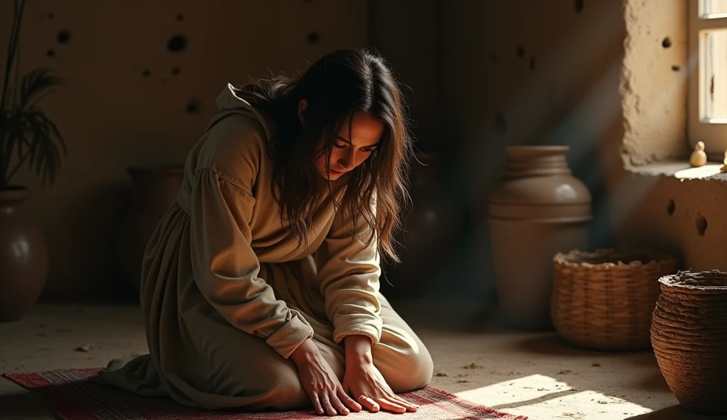 (best quality: 1.4), (Ultra Highres: 1.2), (photorealistic: 1.4), (8k, RAW photo: 1.2). The description of the Samaritan woman's physical appearance is not detailed in the biblical narrative, but her Samaritan origin suggests she likely had similar characteristics to other people in the region. Without historical-cultural context, the story of the Samaritan woman. crying while kneeling inside her house