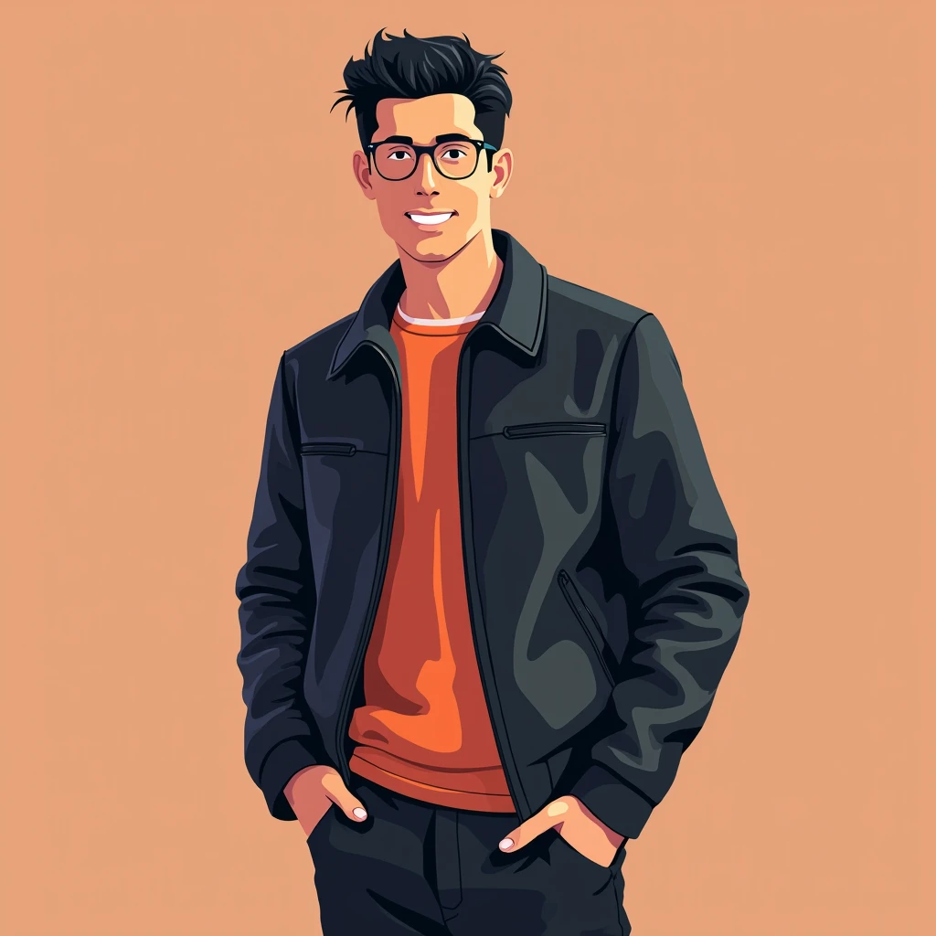 wear Black Leather Jacket, Modern flat vector style art on solid color background, minimalist, flat vector art, corporate artstyle, simplified shapes, modern color palette, modern conceptual art, clean lines, geometric forms, contemporary graphic design influence, stylized character features, playful touch, visually appealing, clear communication of ideas, suitable for modern media, web design, advertising, cheerful and engaging aesthetic, easily adaptable, full body, (best quality, masterpiece, photorealistic), very aesthetic, perfect composition, intricate details, ultra-detailed, vivid colors