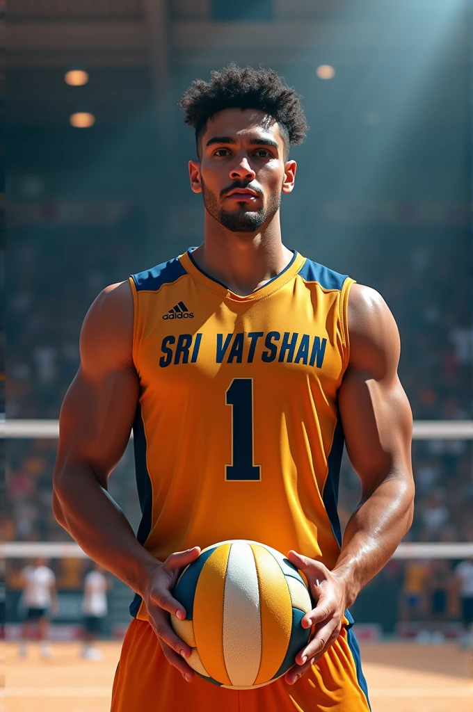 A male volleyball player standing with volleyball turning back with Jersey number as 1 and name is SRI VATSHAN