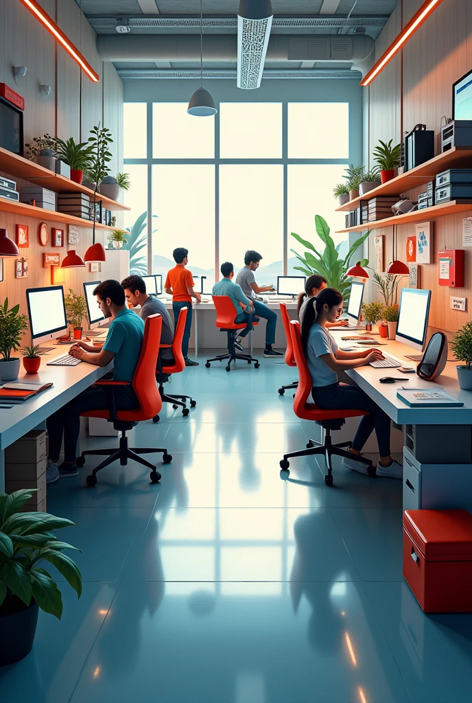 A dynamic image of open office with various tools surrounding it the application