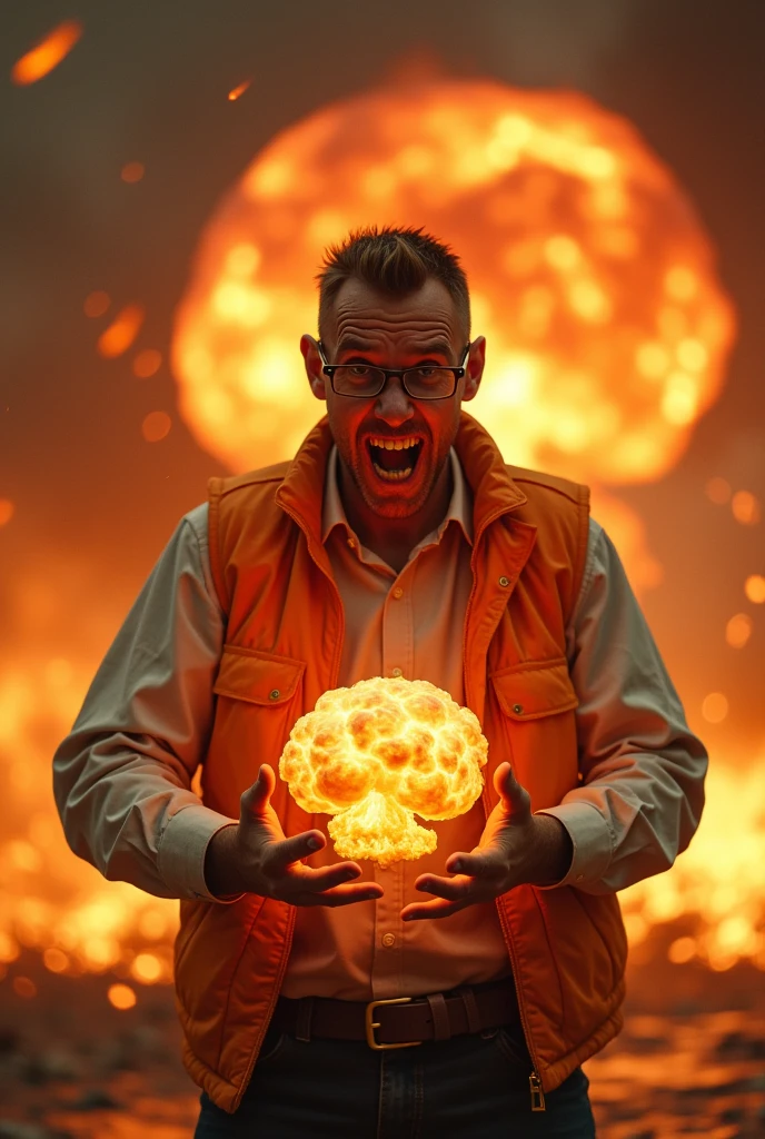 Thin and wearing glasses20A man about the age、Laughing in madness、wearing an orange vest、Both hands ready to throw a nuclear bomb、The sea of fire all around