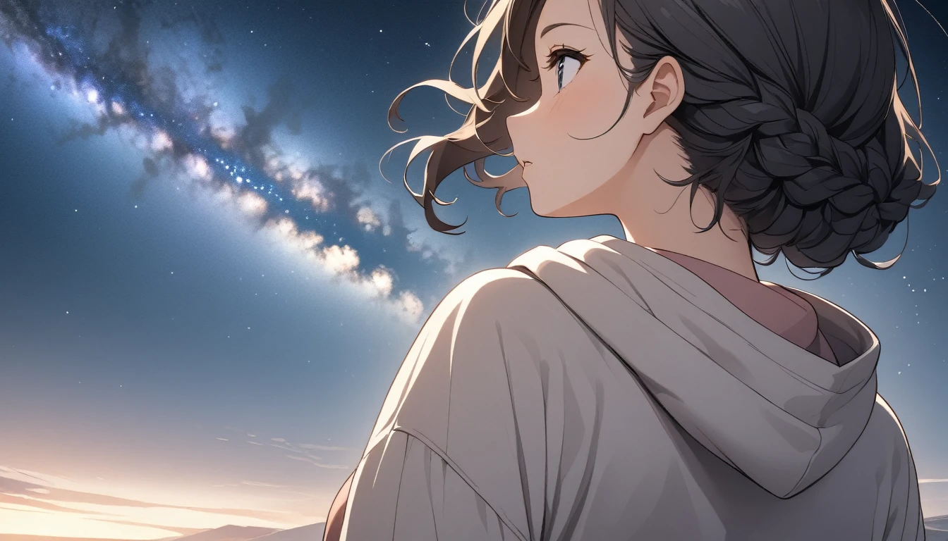 Starry Sky、milky way、One woman、Black Hair、Short Hair、Hair blowing in the wind、Braided hairstyle、Wearing a hoodie、Back view、Upper Body、Low - Angle