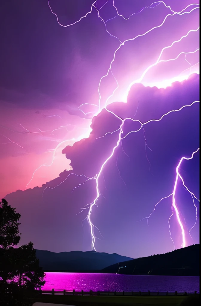 purple lightning streaks over a body of water under a cloudy sky, dramatic purple thunders, pink lightning, pink storm clouds, magenta lighting. fantasy, purple lightning, beautiful lightning, dramatic pink light, purple. ambient lightning, lightning clouds, beatifull lightning, amazing lightning, exquisite lightning, epic clouds and lighting, lightning storms, pink lighting, dramatic lightening