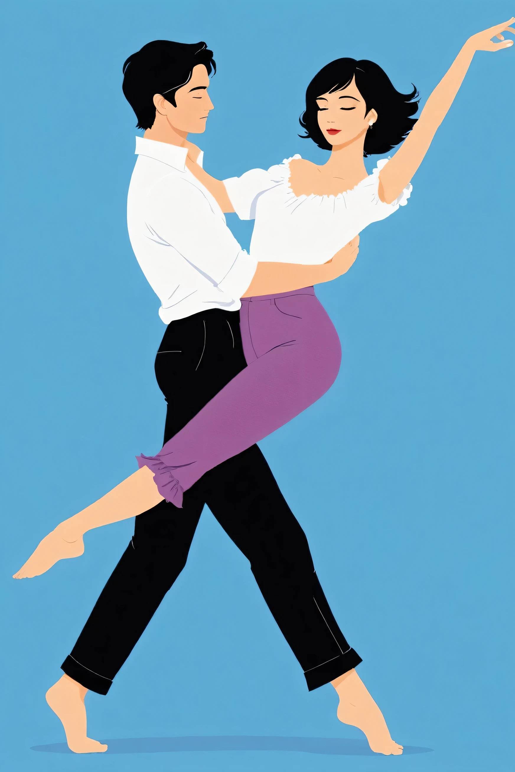 Vector illustration, minimalist, flat color , couple in a moment suspended in rhythm—a choreography that pulses with life. Couple entwined, their bodies creating an exquisite arc of movement. Of a Latin dance. Looking at viewers. man with black hair in a white long collar shirt with and black pants. His left hand rests on the partner’s back, guiding her with gentle authority. His right hand clasps hers, a lifeline. Their fingers interlock—a promise of synchrony. woman with black bob hair cut in a short sleeve red ruffle off the shoulder top, and purple pants, One leg lifts, bent at the knee, resting against the leader’s leg. Balance and trust intertwine. Her other foot remains grounded, rooted like a tree. Her free hand extends outward, reaching for the unseen. Blue background