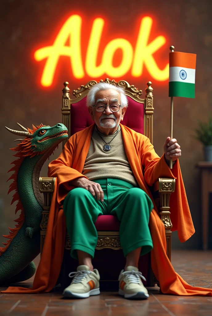 Prompt “Illustration A 80 year old young boy wearing a tricolour of india and sneakers, sits on a King of Beasts throne with an Indian flag in hand. A ferocious dragon is next to him, and he has Indian tricolor wings. ‘Alok‘ is written in large orange neon light wall in the background. Create a 3D illusion profile picture in 4K.”