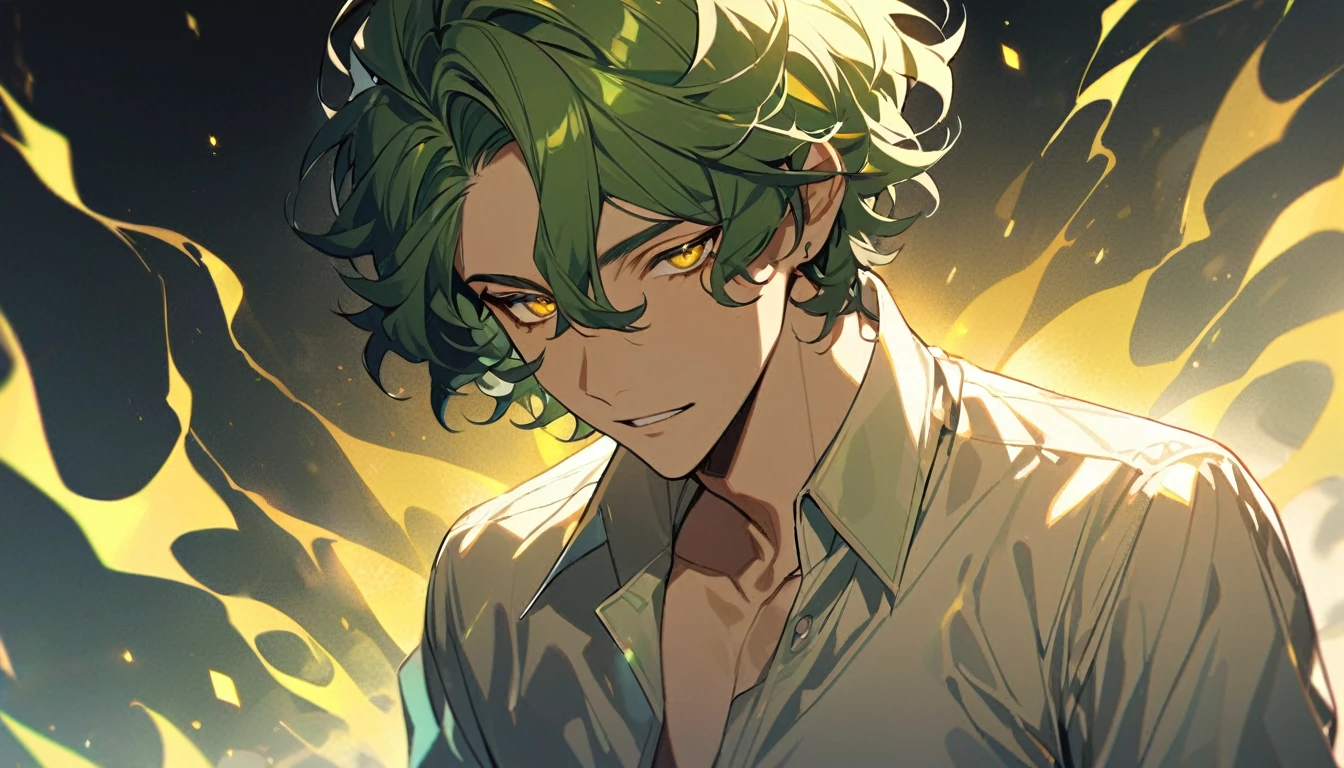 male, solo, handsome, yellow eyes,  short hair, green hair, curly hair, yellow aura, green aura, luxury shirt