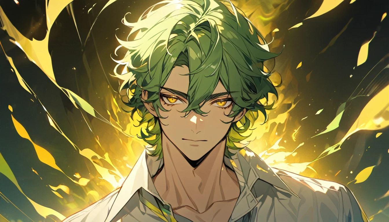 male, solo, handsome, yellow eyes,  short hair, green hair, curly hair, yellow aura, green aura, luxury shirt