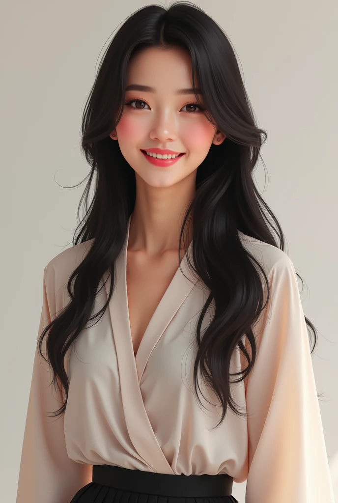 (photorealism:1.2), Girl 20 (face**: Asian, with delicate and well-defined features, including slanted eyes and smooth skin. - **Expression**: smiling, with a kind and warm smile that reflects her friendly and approachable personality. - **hair**: long, dark and straight, cascading down her shoulders.
- **CLOTHES**: elegant and modern, with a style that combines sophistication and a touch of femininity. You could wear a dress or a chic outfit that highlights your slim figure..
style: realistic and detailed, capturing the natural beauty and elegance of the character)