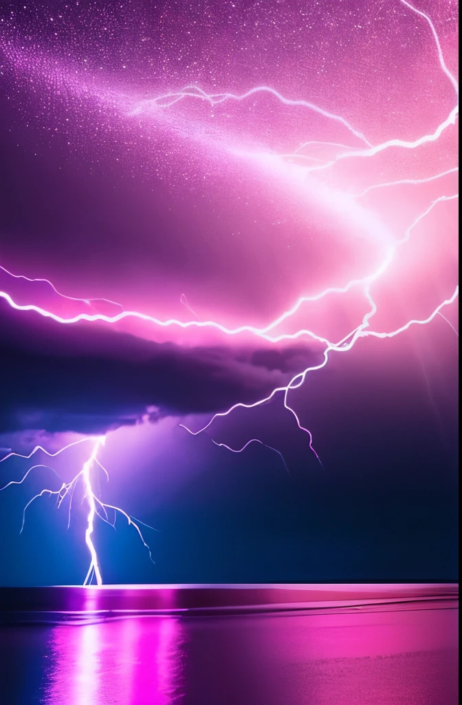 purple lightning streaks over a body of water under a cloudy sky, dramatic purple thunders, pink lightning, pink storm clouds, magenta lighting. fantasy, purple lightning, beautiful lightning, dramatic pink light, purple. ambient lightning, lightning clouds, beatifull lightning, amazing lightning, exquisite lightning, epic clouds and lighting, lightning storms, pink lighting, dramatic lightening