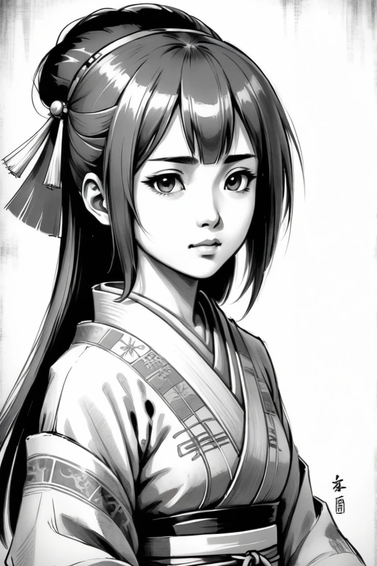 japan cavei girl, Middle Ages, japan artstyle, drawing with papyrus, large strokes, finalized with ink, fine lines, sketch artstyle, graycale, monochrome