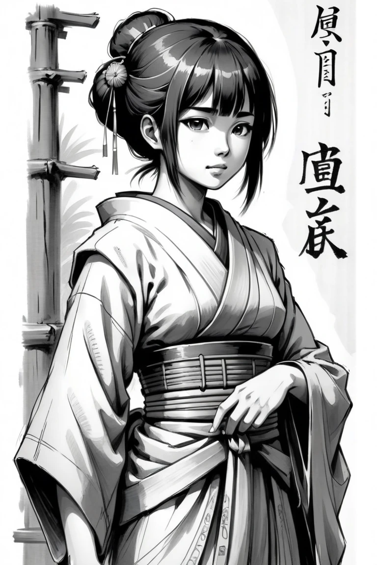 japan cavei girl, Middle Ages, japan artstyle, drawing with papyrus, large strokes, finalized with ink, fine lines, sketch artstyle, graycale, monochrome