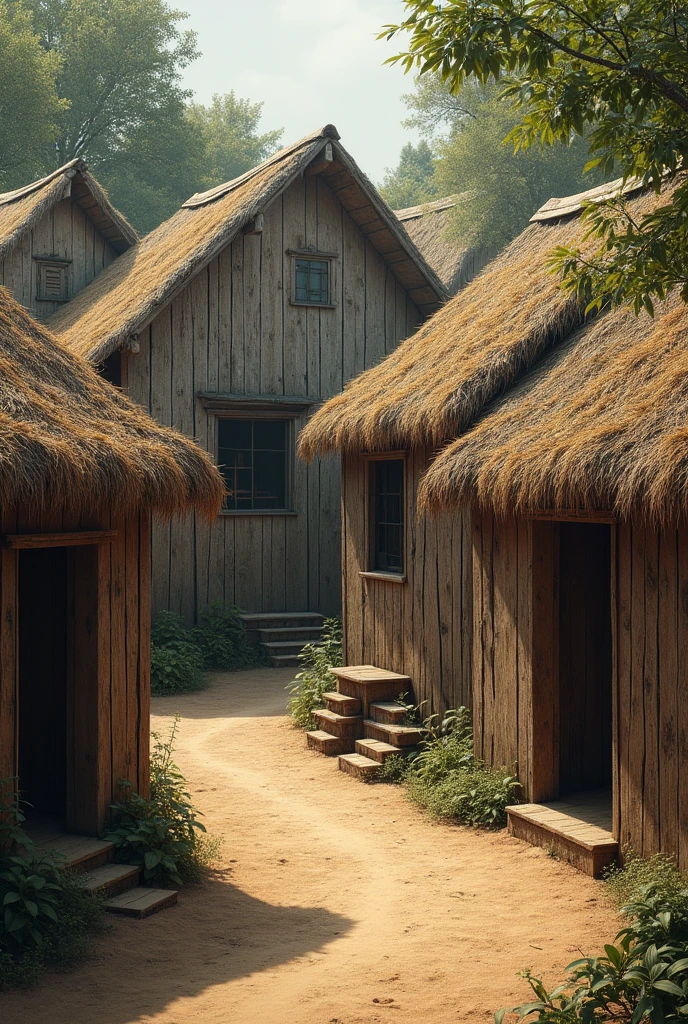 An old village from the Vedic period of India, the village has 10-15 cottages.The sheds are made of straw and the walls are made of wood black and white realistic image 