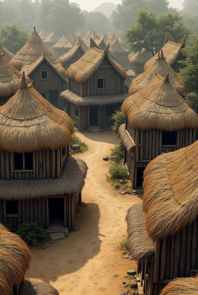 An old village from the Vedic period of India, the village has 10-15 cottages.The sheds are made of straw and the walls are made of wood black and white realistic image