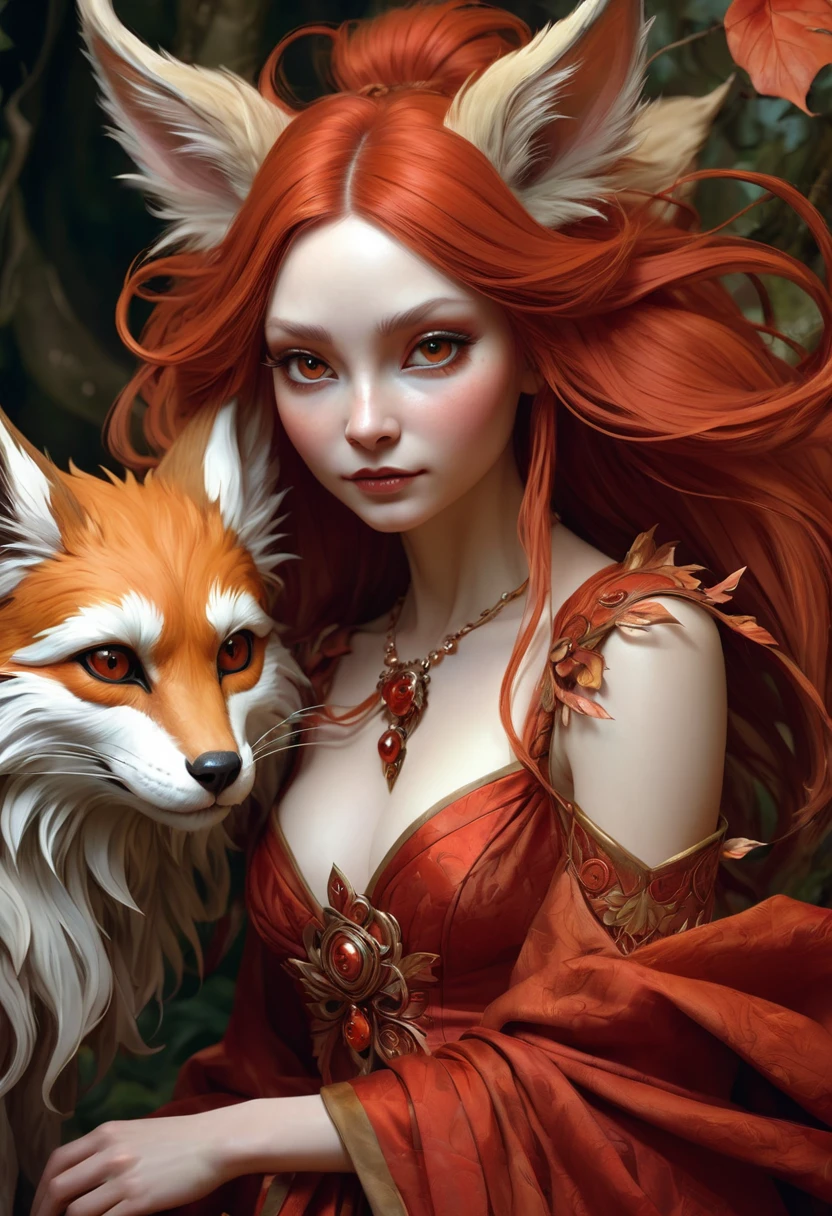 Brian Froud Inspired Beautiful Humanoid Creature. Croos between a Kitsune and a satyr. Copper Red Fur. Female. Friendly And Inviting Looking. Exudes Good And Kindness. Wearing A 1920 Dress. Official Art, Award Winning Digital Painting, Digital Illustration, Extreme Detail, 4k, Ultra Hd, Rococo, Polished, Intricate, Realistic Fantasy Art, Sharp Focus, Concept Art, Art By Wlop, Artgerm, (2d Vector Illustration)
