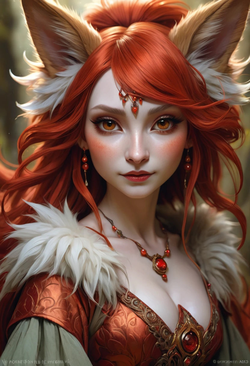 Brian Froud Inspired Beautiful Humanoid Creature. Croos between a Kitsune and a satyr. Copper Red Fur. Female. Friendly And Inviting Looking. Exudes Good And Kindness. Wearing A 1920 Dress. Official Art, Award Winning Digital Painting, Digital Illustration, Extreme Detail, 4k, Ultra Hd, Rococo, Polished, Intricate, Realistic Fantasy Art, Sharp Focus, Concept Art, Art By Wlop, Artgerm, (2d Vector Illustration)