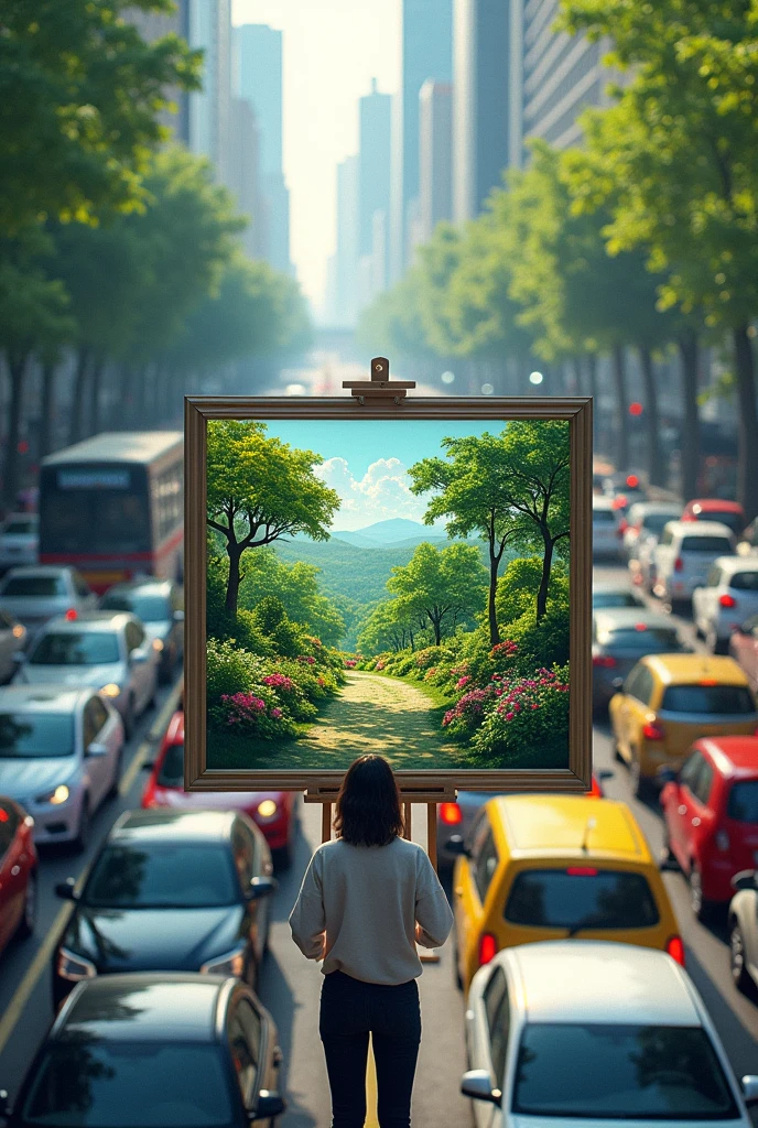 Make a person in the middle of the street, in a traffic jam full of cars, the person will be in the middle of this traffic with a screen in front of them, and the person will be painting this canvas, the design of the screen will be a garden, the image may be further away, to be able to see the traffic, the person and the screen 