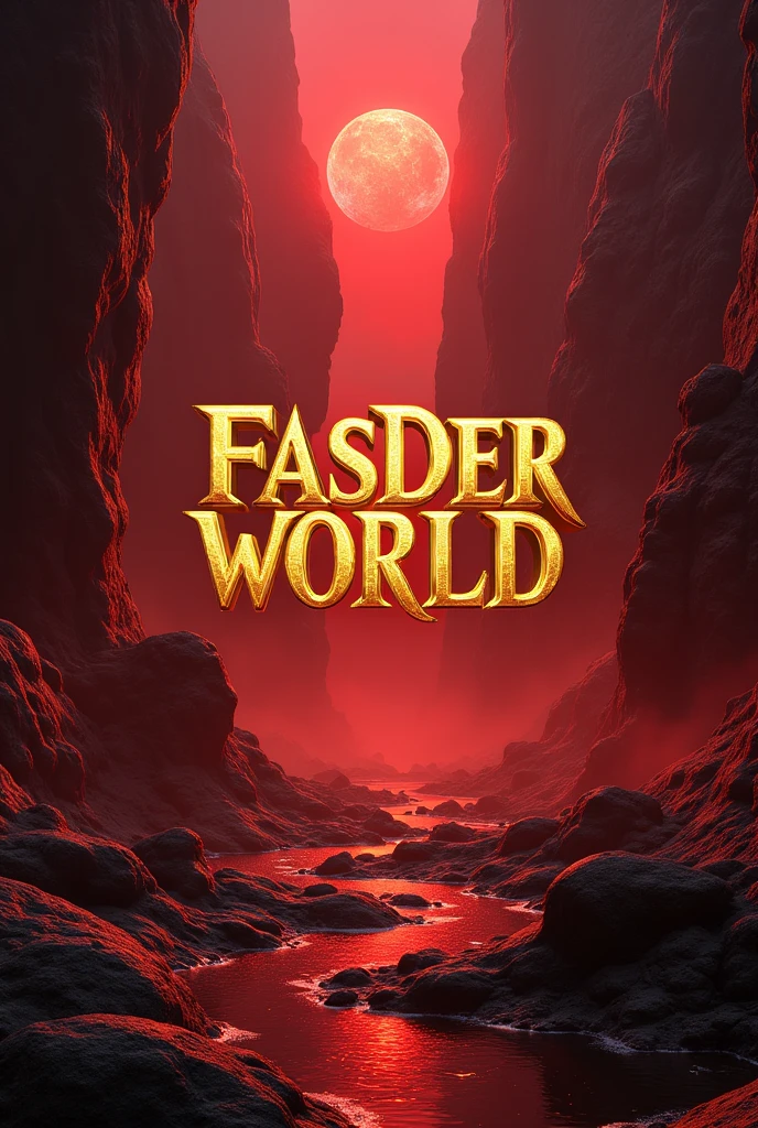 There is a fantasy, Golden title "FASDER WORLD" covered with blood. A fantasy, sci-fi, adventure background. A realistic, 3D, aesthetic, and fantasy poster.