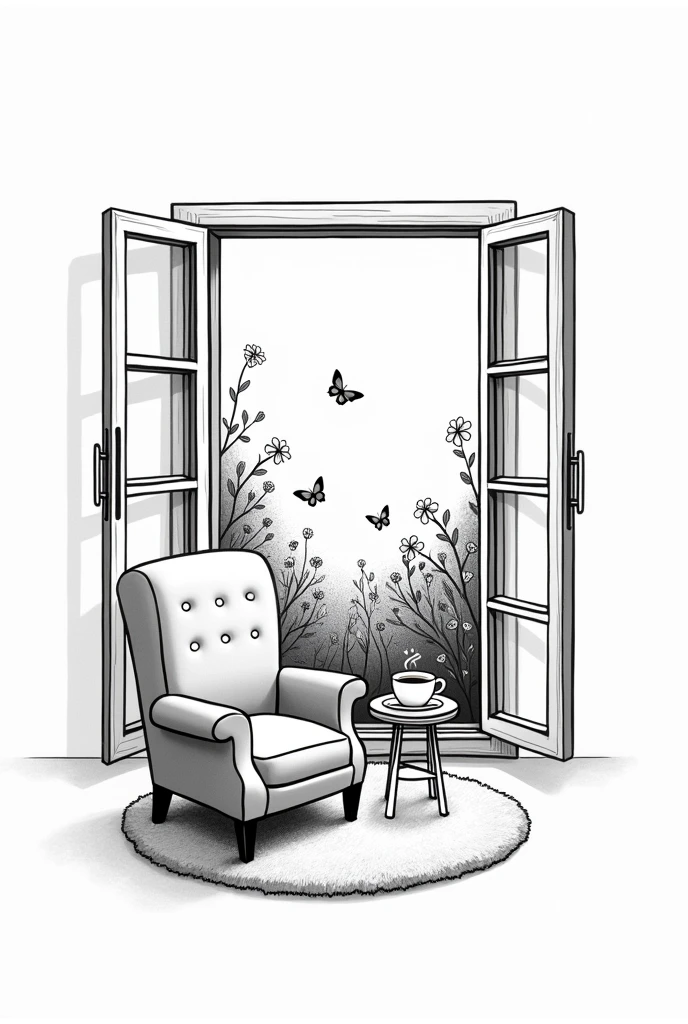 Create a minimalist and delicate black and white illustration for a tattoo of an open vintage window, outside of which you can see a flower garden with butterflies and inside an armchair with a rug and a side table supporting a cup of hot coffee.. Simplify as much as possible and avoid shadowing