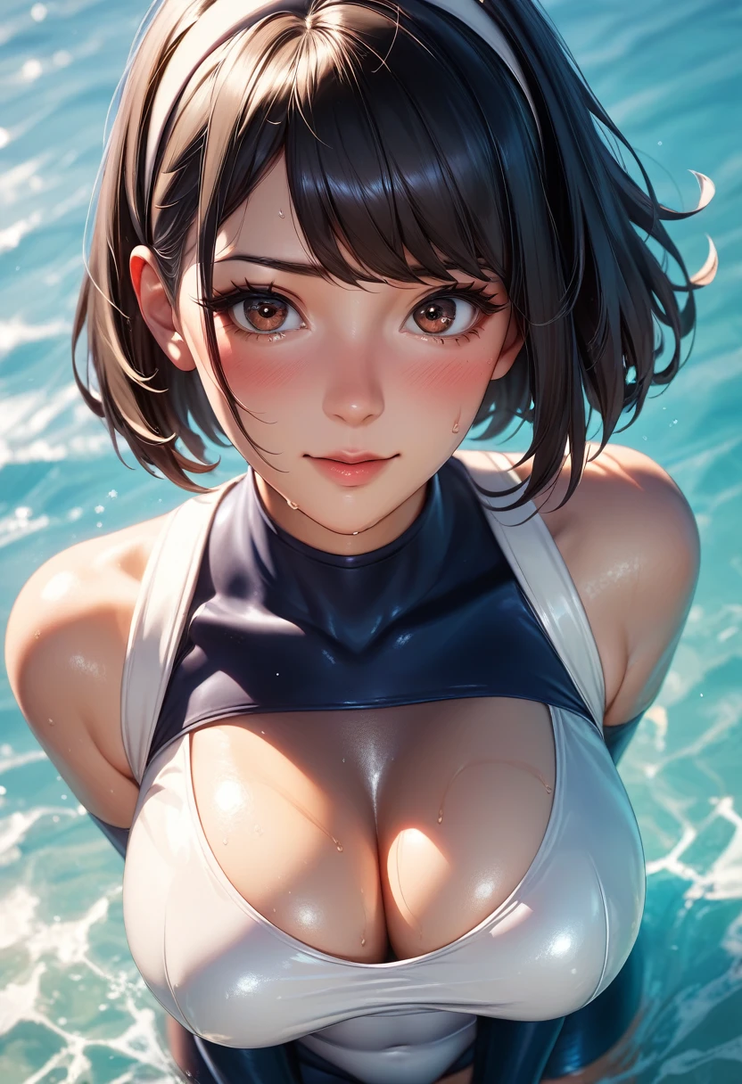 Perfect product、alone、Beauty、very cute、Black Hair, Short Bob Hair、Brown eyes , White hair band、Large Breasts。(Tight bodysuit)、Sea、Doing scuba diving。Sweat all over、Water all over the body。Professional work、Professional certification。Detailed face、Detailed eyes。Masterpiece。(nsfw:1.4)、Embarrassed look。shame。Best Shot、Best Angle。