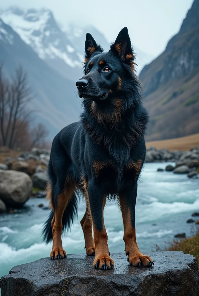 alsatian , (black fur, brown paws), 8k, extremely lifelike, TESO, Panas, highy detailed, Spitz, proffesional, 8K  UHD, film, plein-air, Riu, dramatic, vivid, Clima TESO, breeding, epic, nightfall, HDR, Album cover art, snowstorm, Standing on a rock in the river
