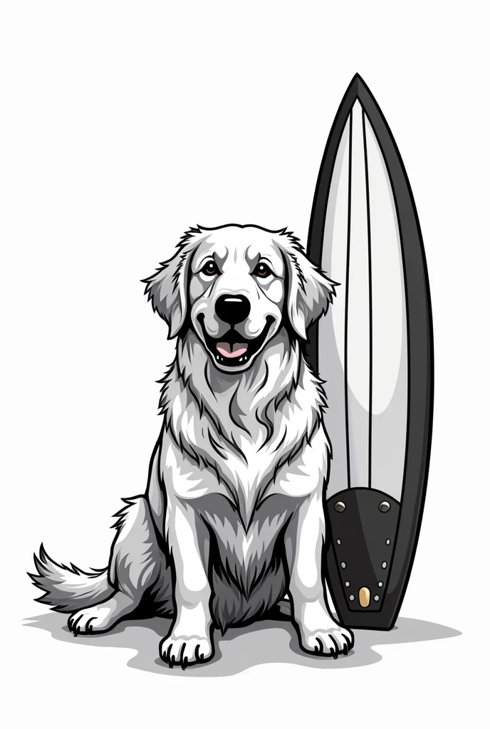 T-shirt print of a furry Golden Retriever sitting with a surfboard next to it in black and white vector