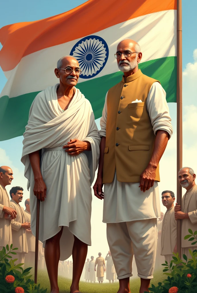Create a digital illustration of Mahatma Gandhi, Jawaharlal Nehru, and other national heroes together, with a patriotic background."