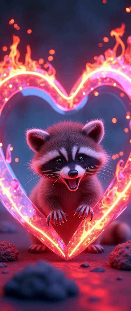 A captivating 3D render of a cute, fluffy baby raccoon growling with adorable, shiny eyes. The raccoon is surrounded by a colorful neon display of a crystal heart, emitting powerful light from within. The inside of the crystal heart is filled with detailed red and black flames, dancing and flickering. The overall atmosphere of the image is dark fantasy, with vibrant colors and a sense of mystical energy., 3d render, photo, vibrant, dark fantasy