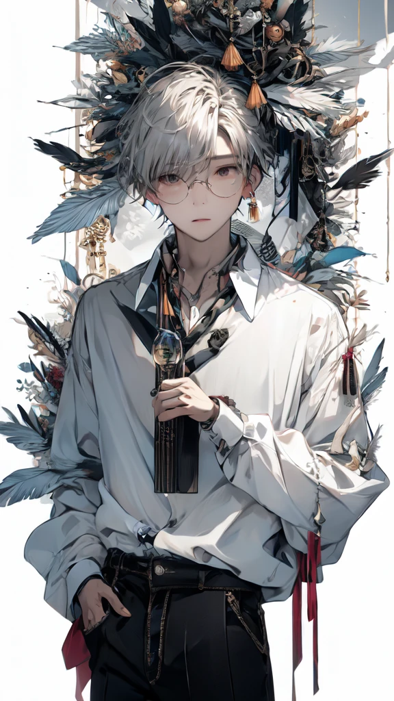 (Masterpiece:1.2), best quality,realistic,mid trip,
1 boy, glove, focus man, feather pen, decorations, earring, สายรัดglasses, white background, White hair, glassesข้างเดียว, Holding, black glove, short hair, hands in pocket, book, shirt, long sleeve, พื้นหลังที่smoothง่าย, look at viewer, tassel, hair between the eyes, Many perspectives, lamp, smooth, collared shirt, paper, earringเดี่ยว, shirtโค้ท, trousers, black shirtโค้ท, glassesทรงกลม, gag, alone
 