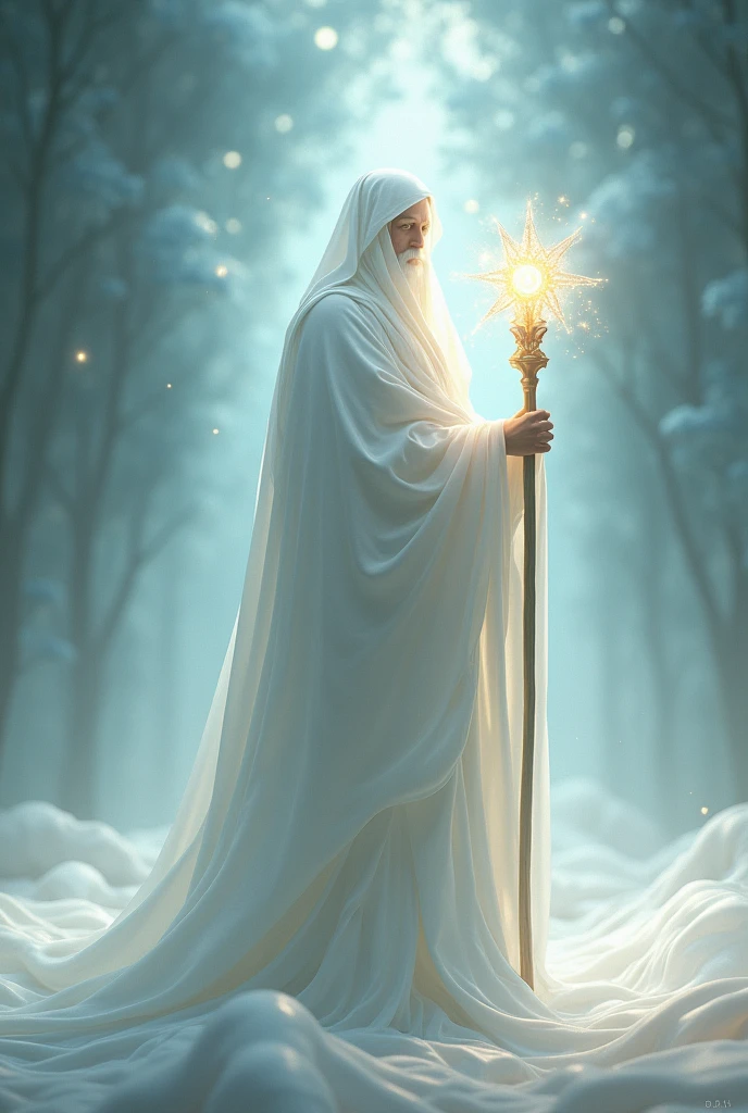 (highly realistic) (work of art) (4k image quality) (hyper detailed) (beautiful perfect face)(fot)(Approximate image)
"Create an ethereal, luminous scene set in the fifth dimension, featuring a wise fractal being that radiates light. The being is wrapped in a fluid white cloak that covers its entire body, symbolizing purity and wisdom. In your hands, he holds a shining staff, symbol of ancient knowledge and power. The background is filled with soft, luminous fractal patterns that evoke a sense of harmony and enlightenment.. The atmosphere must be serene, with a warm and welcoming light that conveys a message of peace, spiritual ascension and elevation."