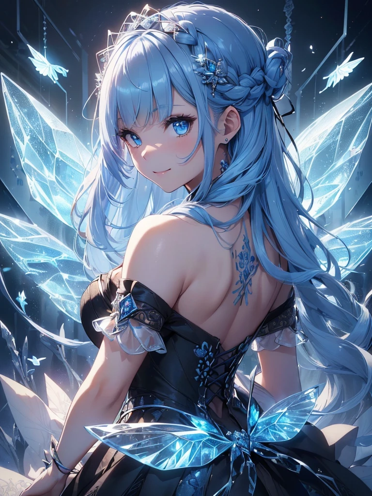(((best quality, sharp image, clear image, cinematic lighting, 8k resolution, masterpiece, ultra detailed, intricate))) Girl, (((looking over shoulder))),shot from behind, sorcerer, cute, ice blue hair, intricate dress, black dress, braided hair, ribbons in hair, smiling, Ice blue, ((intricate background)), (rune frame), dimension, ((ice butterflies, ice roses)).