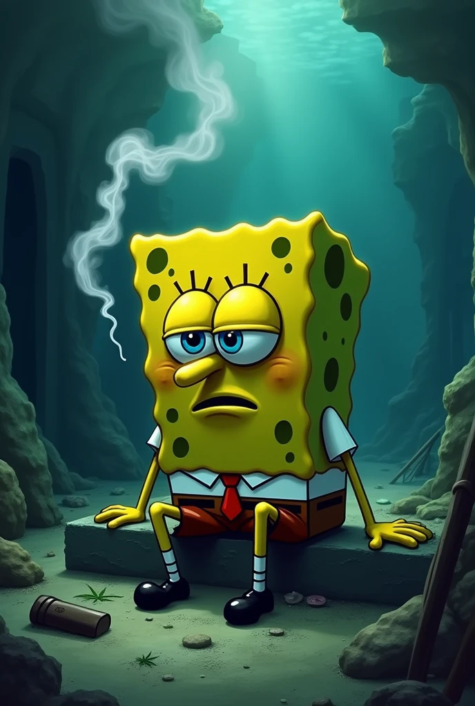 Spongebob squarepants in depressing situations while smoking weed