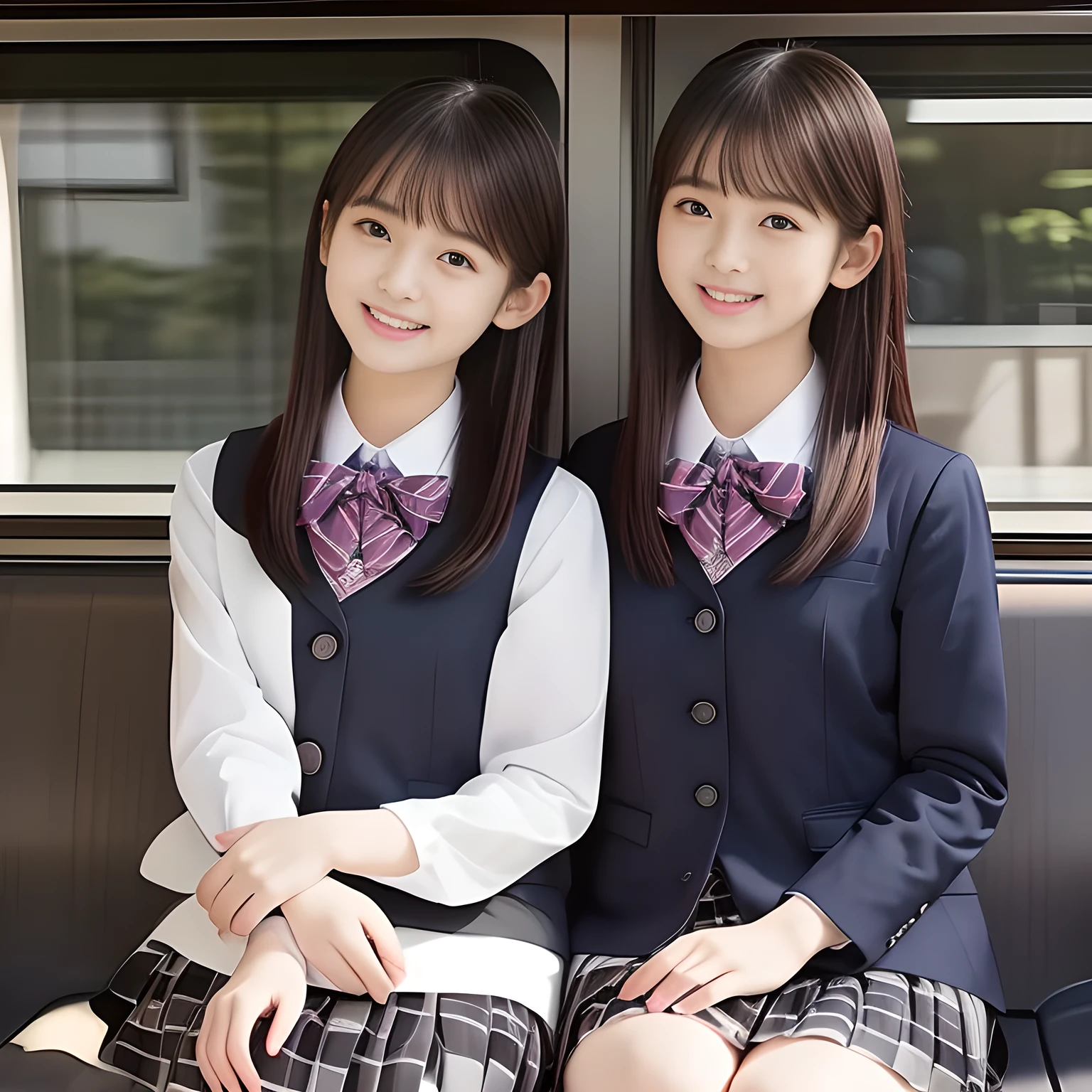 (highest quality, masterpiece, high resolution:1.2), 4K, (Photo quality detailed face: 1.4), (Giorgione painting style: 0.8), geometry, (13 yo cute girly Japanese girl is turning her face to me, laying her whole body on a train seat: 1.2), Laughing cutely, (neat girly white short-sleeves school blouse: 1.0), (puffed short sleeves: 1.0), (Dark red glossy school ribbon on the breast: 1.0), (Gray Japanese school girly vest Uniform: 1.2), (Box-pleated gray short school skirt: 1.4), (Extremely laughing cheeks: 1.0), (Beautiful light-amber cute-dolly large clear eyes with detailed cutely: 1.4), (Long bottom eyelashes: 1.2), (Expressing the greatest joy with her whole body: 1.2), (Glossy lips: 1.0), (Super-straight super-long hair: 1.5), (white and clear skin: 1.0), (Promoting Shampoo: 1.2)