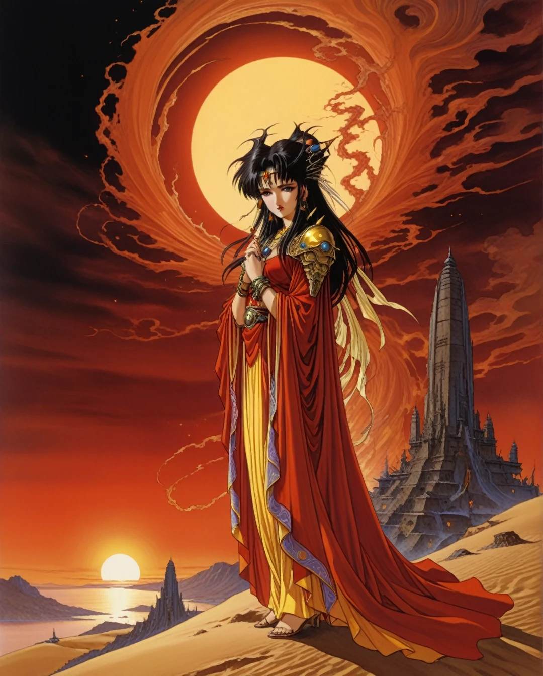 amano yoshitaka,  Art style by Noriyoshi Ohrai, Hajime Sorayama, Hiroshi Nagai, (Masterpiece, Top Quality, Super Deatail, High Resolution, Best Illustration), A mystical sorceress standing on a dune under a blood-red sky, casting ancient spells. Her robes are adorned with golden runes, and her eyes glow with a fiery intensity. The desert is scattered with ruins of a forgotten civilization, with dark spirits swirling around her.