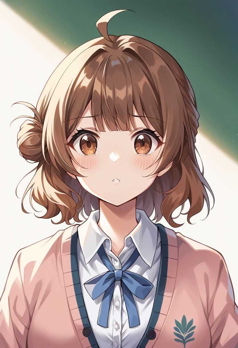 score_9, score_8_superior, score_7_superior, score_6_superior, score_5_superior, score_4_superior, Break Source_anime,
masterpiece, Highest quality, Super detailed, Perfect Face, Detailed face,
ume-default, Hanami Ume, Brown eyes, Brown Hair,Medium Hair, Hair Bun,Ahoge,school uniform, cardigan,Dress shirt, superiorper body,
