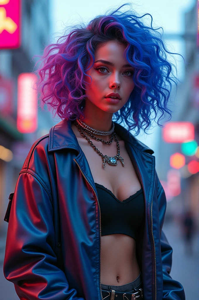 Beautiful Kpop idol girl wearing a hip hop outfit, her hair is curly blue and purple